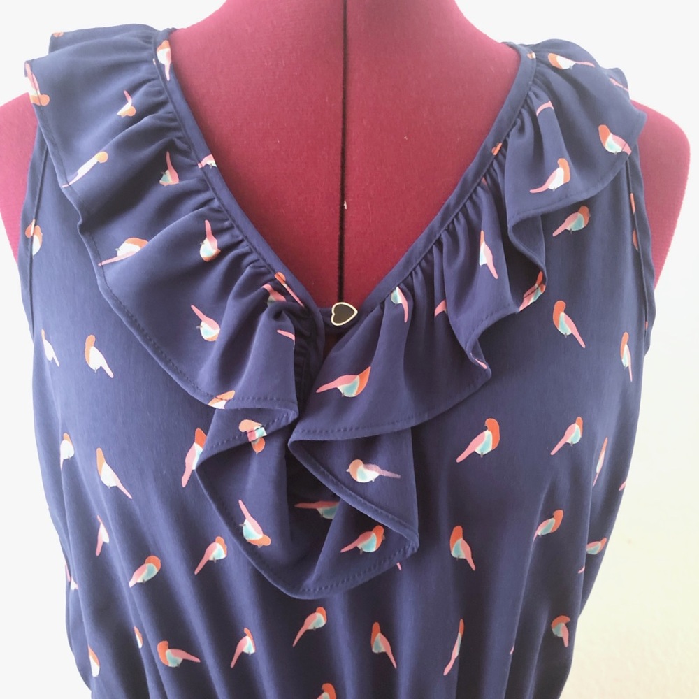 Ophelia blue- violet ruffle v-neckline bird dress.